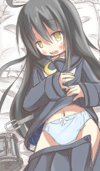 10s 1girl absurdres bed black_hair blue_panties blush bow bow_panties clothes_pull crescent highres jewelry kantai_collection long_hair midriff mikazuki_(kancolle) moon navel on_bed panties pants pants_pull pillow qt_project ring skirt solo underwear unzipped very_long_hair yellow_eyes rating:Questionable score:8 user:chodorov