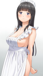  1girl apron black_hair blue_eyes blunt_bangs blush breasts cleavage closed_mouth collarbone commentary_request gradient_background grey_background highres large_breasts long_hair looking_at_viewer maid meow_(nekodenki) naked_apron original solo thighs white_apron 
