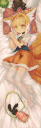  1girl absurdres animal_ear_fluff animal_ears arknights bed_sheet blonde_hair blush braided_hair_rings choshanland_plushy_(arknights) dakimakura_(medium) dress extra_ears fox_ears fox_girl fox_tail frills from_above full_body green_eyes hair_rings hairband hame_ana_zpoo highres infection_monitor_(arknights) kitsune kyuubi looking_at_viewer multicolored_hair multiple_tails no_shoes official_alternate_costume orange_dress orange_hairband own_hands_together pillow ribbon short_hair short_sleeves smile solo strawberry_milk stuffed_animal stuffed_toy suzuran_(arknights) suzuran_(let&#039;s_carnival!)_(arknights) tail teddy_bear thighhighs watch wristwatch zettai_ryouiki 
