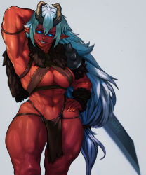  abs armor black_sclera blue_eyes breasts colored_sclera colored_skin glowing glowing_eyes highres horns leather_armor loincloth monster_girl muscular muscular_female oni red_skin revealing_clothes sword tagme thick_thighs thighs warrior weapon white_hair yoso901  rating:Sensitive score:44 user:zakoku
