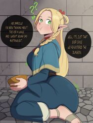 1girl ? ?? ass blonde_hair breasts clothes dungeon_meshi eating english_text female_focus green_eyes huge_ass long_hair marcille_donato medium_breasts pointy_ears solo speech_bubble thought_bubble yamathegod