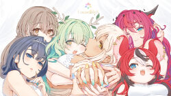  6+girls alternate_costume animal_ears antlers black_hair blonde_hair blue_eyes blue_hair blue_neckerchief blush breasts brown_eyes brown_hair ceres_fauna chain_headband closed_mouth commentary dark-skinned_female dark_skin double-parted_bangs green_hair hair_between_eyes hair_intakes hair_ornament hakos_baelz highres holding_hands holocouncil hololive hololive_english horns hug irys_(hololive) large_breasts limiter_(tsukumo_sana) long_hair looking_at_viewer medium_breasts mole mole_under_eye mouse_ears mouse_girl multicolored_hair multiple_girls nail_polish nanashi_mumei neckerchief one_eye_closed open_mouth ouro_kronii pink_nails pointy_ears purple_hair red_hair red_nails short_hair sidelocks smile streaked_hair tataki_tuna tsukumo_sana virtual_youtuber white_hair yellow_eyes yellow_nails yuri 
