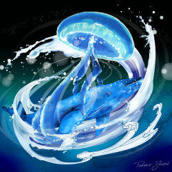  artist_name blue_theme gradient_background jellyfish kaijuu_no_kodomo lens_flare no_humans simple_background water whale yanp 