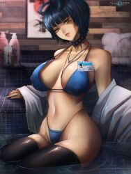  1girl atlus bikini blue_hair breasts chancitybell cleavage curvy doctor half-closed_eyes highres large_breasts legs looking_at_viewer mature_female navel parted_lips persona persona_5 pool seductive_gaze seductive_smile sega sitting smile solo swimsuit takemi_tae thick_thighs thighs thong_bikini water 