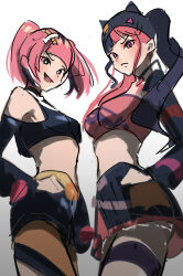  2girls age_difference artist_request breasts color_connection coral_(pokemon) creatures_(company) crossover game_freak hair_color_connection hairstyle_connection hand_on_own_hip highres looking_at_viewer medium_breasts multicolored_hair multiple_girls nintendo palworld pink_hair pokemon pokemon_(anime) pokemon_horizons simple_background size_difference skirt smile standing twintails two-tone_hair zoe_rayne 