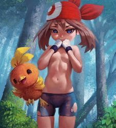  1girl bandana bike_shorts black_shorts blue_eyes breasts brown_hair cameltoe commentary_request creatures_(company) fiz-rot forest game_freak gen_3_pokemon gloves hands_up highres loli may_(pokemon) medium_hair nature navel nintendo outdoors pokemon pokemon_(anime) pokemon_(creature) pokemon_rse_(anime) shorts small_breasts smile topless torchic torn_clothes torn_shorts tree white_gloves  rating:Explicit score:902 user:danbooru