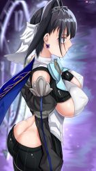 1girl ass bare_shoulders black_eyes black_hair breasts butt_crack cape detached_sleeves from_above hair_intakes highres hololive hololive_english huge_ass large_breasts o22no ouro_kronii pants shiny_clothes shiny_skin short_hair_with_long_locks sideboob solo virtual_youtuber rating:Questionable score:55 user:armorcrystal