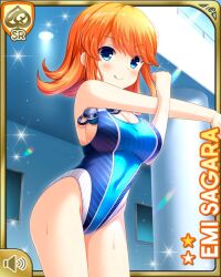  1girl alternate_hairstyle barefoot blue_eyes blue_one-piece_swimsuit breasts card_(medium) cleavage closed_mouth competition_swimsuit day girlfriend_(kari) hair_ornament indoor_pool indoors large_breasts looking_at_viewer official_art one-piece_swimsuit orange_hair poolside qp:flapper sagara_emi solo standing swimsuit tagme tongue tongue_out twintails wet wet_clothes wet_swimsuit 