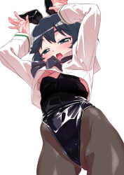  1girl animal_ears black_eyes black_hair black_leotard blush breasts commentary_request crop_top fake_animal_ears from_below girls_und_panzer highleg highleg_leotard leotard leotard_under_clothes looking_at_viewer open_mouth pantyhose playboy_bunny rabbit_ears rabbit_pose senzoc shirt short_hair simple_background small_breasts smile solo utsugi_yuuki white_background white_shirt 