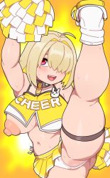  1girl alternate_costume bare_shoulders blonde_hair blush breasts cheerleader clothes_lift collar collarbone cropped_shirt dot_nose elegg_(nikke) eyebrows female_focus foot_out_of_frame goddess_of_victory:_nikke hair_over_one_eye huge_breasts kabeume leg_up looking_at_viewer medium_hair nipples one_breast_out open_mouth panties pink_eyes plump pom_pom_(cheerleading) shirt shortstack simple_background skirt skirt_lift sleeveless sleeveless_shirt smile socks solo split standing standing_on_one_leg standing_split teeth thick_thighs thigh_strap thighs tongue two-tone_shirt two-tone_skirt underboob underwear upper_teeth_only white_panties white_shirt white_socks yellow_background yellow_shirt yellow_skirt 