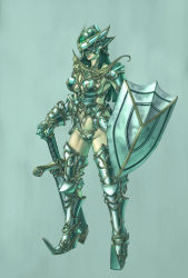 1girl armor bikini_armor breastplate breasts cleavage closed_mouth commentary commentary_request gauntlets grey_background groin highres holding holding_sword holding_weapon large_breasts legs_apart lips midriff original pontako sheath sheathed shield sideboob simple_background solo sword underboob weapon rating:Sensitive score:7 user:danbooru