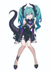  1girl absurdres aqua_eyes aqua_hair arm_support bare_shoulders black_dress black_nails brooch cleavage_cutout clothing_cutout commentary dragon_horns dragon_tail dress figure_available full_body grin hatsune_miku hatsune_miku_(noodle_stopper) heart heart_brooch highres horns invisible_chair jewelry loalo long_hair looking_at_viewer nail_polish noodle_stopper official_art purple_footwear sharp_teeth sitting sleeveless sleeveless_dress smile solo tail teeth torn_clothes torn_dress twintails vocaloid white_background 