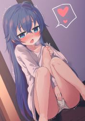  1girl ahoge barefoot blue_eyes blue_hair blush breasts clothes_lift collarbone commentary_request dutch_angle feet_out_of_frame female_masturbation fingering fingering_through_clothes fingering_through_panties hair_between_eyes heart heart-shaped_pupils highres knees_together_feet_apart knees_up lifted_by_self loli long_hair masturbation masturbation_through_clothes mushoku_tensei nipple_stimulation nipple_tweak nose_blush open_mouth panties pizanuko roxy_migurdia saliva shirt shirt_lift sitting small_breasts solo spoken_heart symbol-shaped_pupils through_clothes trembling underwear very_long_hair white_panties white_shirt 