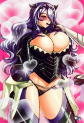 1girl blush breast_suppress breasts camilla_(fire_emblem) cleavage curvy finger_to_mouth fire_emblem fire_emblem_fates huge_breasts jadenkaiba long_hair nintendo open_mouth pelvic_curtain purple_eyes purple_hair solo_focus thick_thighs thighs tongue vambraces wide_hips rating:Sensitive score:71 user:dmysta3000