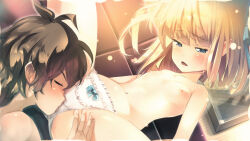  1boy 1girl black_hair blonde_hair blue_eyes blue_ribbon blush bow bow_panties breasts closed_eyes collarbone cunnilingus cunnilingus_through_clothes dutch_angle gc3 half-closed_eyes hetero highres indoors loli navel nipples open_mouth oral original panties ribbon shota sitting small_breasts spread_legs topless underwear underwear_only white_panties 