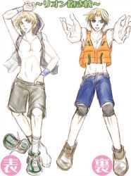  1boy alternate_costume artist_request blonde_hair green_eyes hand_in_pants hood hoodie knee_pads life_vest lion_rafale male_focus multiple_views navel open_clothes open_hoodie topless_male shoes short_hair shorts single_shoe sleeveless sleeveless_hoodie sneakers virtua_fighter wristband 