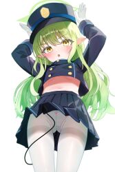  1girl :o absurdres black_hat black_jacket black_skirt blue_archive blush breasts buttons commentary_request cropped_jacket demon_tail double-breasted drawing_flover from_below gloves green_hair green_halo halo hands_up hat highres hikari_(blue_archive) jacket long_hair long_sleeves looking_at_viewer miniskirt navel open_mouth panties panties_under_pantyhose pantyhose peaked_cap pleated_skirt pointy_ears sidelocks simple_background skirt small_breasts solo tail underwear upskirt white_background white_gloves white_panties white_pantyhose yellow_eyes 