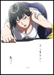  1girl absurdres adjusting_hair all_fours ass black_border black_hair border breasts cleavage contact_lens downblouse futago_ane_(kakitama) grey_eyes hanging_breasts highres kakitama large_breasts long_hair no_bra one_eye_closed open_mouth original outside_border shadow simple_background solo torn_clothes translation_request white_background 