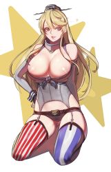 10s 1girl bad_id bad_pixiv_id belt blonde_hair breasts cleavage colored_eyelashes eyebrows front-tie_top garter_straps gloves gluteal_fold grey_panties hand_on_own_hip hat headgear highres iowa_(kancolle) kantai_collection kneeling large_breasts lips long_hair looking_at_viewer nipple_slip nipples panties parted_lips solo star-shaped_pupils star_(symbol) starry_background stomach striped_clothes striped_thighhighs symbol-shaped_pupils tachibana-san thighhighs unbuttoned underwear vertical-striped_clothes vertical-striped_thighhighs wrist_cuffs rating:Questionable score:20 user:danbooru