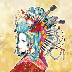  1girl absurdres alternate_costume alternate_hairstyle aqua_eyes aqua_hair commentary_request copyright_name cymbals drumsticks electric_guitar eyeshadow from_side furrowed_brow geisha gibson_sg gradient_background guitar hair_ornament hair_rings hair_up hatsune_miku headphones highres instrument japanese_clothes keyboard_(instrument) long_hair looking_at_viewer looking_away makeup microphone nihongami piercing profile solo speaker studio_microphone tattoo tongue tongue_out tongue_piercing vocaloid wire yellow_background yuzuki_kei 