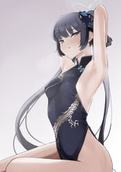  1girl absurdres armpits arms_behind_head bare_legs bare_shoulders black_dress black_gloves black_hair blue_archive breasts butterfly_hair_ornament china_dress chinese_clothes covered_navel double_bun dress gloves grey_eyes grey_halo hair_bun hair_ornament halo highres kisaki_(blue_archive) light_blush long_hair looking_at_viewer presenting_armpit print_dress pupi_(rain_prophet) side_slit sidelocks simple_background sitting small_breasts solo sweat twintails very_long_hair  rating:Sensitive score:8 user:danbooru