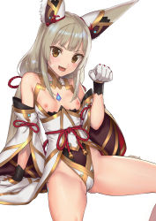 1girl absurdres animal_ears blush breasts breasts_out brown_eyes cameltoe cleft_of_venus flat_chest gloves highres kawakami_rokkaku long_hair looking_at_viewer low_twintails nia_(blade)_(xenoblade) nia_(xenoblade) nipples niyah open_mouth paw_pose sitting smile solo spoilers thighs twintails v-shaped_eyebrows white_gloves white_hair xenoblade_chronicles_(series) xenoblade_chronicles_2 rating:Questionable score:199 user:danbooru