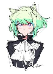  &gt;:( 1boy androgynous animal_ears artist_name ascot black_jacket closed_mouth green_hair jacket light_blush lio_fotia looking_at_viewer male_focus medium_hair pink_eyes promare sidelocks sketch solo trap v-shaped_eyebrows white_ascot white_background zekkyou_(h9s9) 