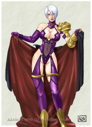 1girl azasuke boots breasts cape cleavage female_focus gloves highres isabella_valentine large_breasts navel short_hair silver_hair simple_background smile solo soul_calibur soulcalibur soulcalibur_ii white_background white_eyes rating:Questionable score:28 user:Anonymous