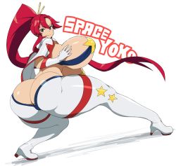 1girl ass bangs boots bouncing_breasts breasts butt_crack character_name curvy gloves high_heel_boots high_heels highres huge_ass huge_breasts long_hair looking_at_viewer ponytail pose red_hair sinensian smile solo space_yoko star_(symbol) strapless tengen_toppa_gurren_lagann thick_thighs thighhighs thighs tubetop yellow_eyes yoko_littner