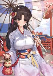1girl animal bag black_hair breasts cat cherry_blossoms commentary_request highres holding holding_bag holding_umbrella inuyasha japanese_clothes kimono large_breasts long_hair looking_at_viewer oil-paper_umbrella petals piyo_(pixiv_2308057) sango_(inuyasha) solo umbrella white_kimono rating:Sensitive score:31 user:danbooru