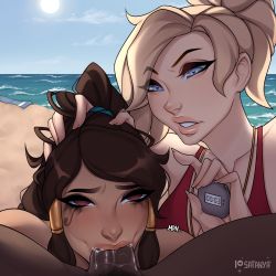  1boy 2girls absurdres assisted_fellatio beach bisexual_female blonde_hair blue_eyes brown_hair dark-skinned_female dark-skinned_male dark_skin deepthroat empty_eyes fellatio ffm_threesome group_sex hand_on_another&#039;s_head heart heart-shaped_pupils hetero highres lifeguard_pharah mercy_(overwatch) multiple_girls oral overwatch overwatch_1 penis pharah_(overwatch) ponytail pov runny_makeup satanya sexual_coaching stopwatch swimsuit symbol-shaped_pupils threesome watch  rating:Explicit score:176 user:danbooru