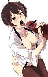  10s 1boy 1girl bar_censor blush breasts brown_eyes brown_hair brown_thighhighs censored cleavage erection fellatio hetero highres japanese_clothes kaga_(kancolle) kantai_collection kimono nipples open_clothes open_kimono open_mouth oral penis saliva side_ponytail simple_background teeth thighhighs tongue tongue_out white_background yodare_(225193) 