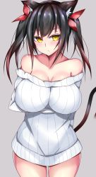  1girl animal_ears bare_shoulders black_hair blush breasts cat_ears cat_girl cat_tail female_focus highres impossible_clothes large_breasts long_hair looking_at_viewer monotosu simple_background solo sweater tail yellow_eyes  rating:Sensitive score:31 user:wantorn
