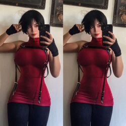  1girl ada_wong armpits black_hair breasts cosplay female_pervert large_breasts mature_female medium_hair muscular muscular_female pervert presenting prostitution real_life resident_evil selfie sexually_suggestive short_hair 