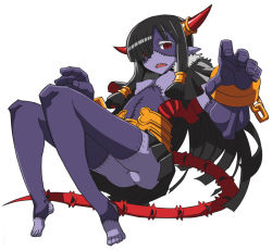  1girl bad_id bad_tumblr_id black_hair breasts colored_skin full_body hair_over_one_eye hair_tubes horn_ornament horns long_hair matsuda_yuusuke monster_girl multicolored_skin nipples nise_maou_nekuzeru no_panties parted_lips pointy_ears purple_skin red_eyes sharp_teeth skirt small_breasts solo stitches tail teeth topless upskirt yuusha_to_maou zombie 
