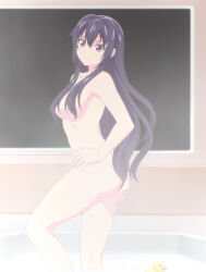  1girl ass bath black_hair breasts collarbone completely_nude hair_over_breasts hand_on_own_ass hand_on_own_hip highres kami_wa_game_ni_ueteiru light_blush long_hair medium_breasts nel_reckless nude purple_eyes rubber_duck screencap sideboob smile stitched thighs third-party_edit 