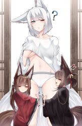  3girls ;| ? absurdres akagi-chan_(azur_lane) amagi-chan_(azur_lane) animal_ears azur_lane bell black_kimono blue_eyes breasts brown_hair closed_eyes clothes_lift expressionless eyeshadow facing_viewer flower fox_ears fox_girl fox_tail from_side grabbing_own_breast hair_bell hair_between_eyes hair_flower hair_ornament hair_ribbon half-closed_eye hand_on_own_chest hand_under_clothes hand_under_shirt happy highres hugging_another&#039;s_leg indoors japanese_clothes kaga_(azur_lane) kimono kitsune large_breasts lifting_own_clothes long_hair long_sleeves looking_at_another looking_down makeup medium_breasts medium_hair midriff multiple_girls multiple_tails navel no_bra one_eye_closed open_mouth panties parted_lips red_eyeshadow red_kimono red_ribbon ribbon samip shirt shirt_lift sleepy slit_pupils smile standing tail thigh_grab thighs underboob underwear very_long_hair waking_up white_flower white_hair white_panties white_shirt wide_sleeves 