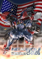  &#039;murica american_flag arm_cannon armor arms_at_sides clenched_hands copyright_name cyclops duel fire full_body gatling_gun glowing glowing_eyes gun handgun hangar head machinery male_focus mecha metal_wolf metal_wolf_chaos no_humans one-eyed power_armor robot science_fiction seotaku_(kyokkou) solo title weapon 