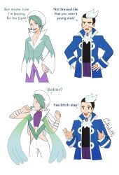 2boys 2koma :d absurdres artist_name ascot black_eyes black_hair blue_coat brooch closed_eyes clothing_cutout coat comic commentary creatures_(company) cuteskitty english_commentary facial_hair game_freak green_eyes green_hair gym_leader hands_on_own_hips hands_up highres jewelry juan_(pokemon) male_focus meme multicolored_hair multiple_boys mustache nintendo open_mouth pants pokemon pokemon_oras pokemon_rse purple_pants side_cutout simple_background smile two-tone_hair wallace_(pokemon) white_ascot white_background white_hair white_headwear wide_sleeves wristband yas_bitch_slay_(meme)