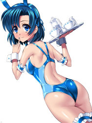  1girl animal_ears arm_garter ass back bare_shoulders bishoujo_senshi_sailor_moon blue_eyes blue_hair blue_one-piece_swimsuit breasts bridal_garter bunny_girl competition_swimsuit cup detached_collar earrings fake_animal_ears finger_to_face flat_ass hair_ribbon jewelry looking_back matching_hair/eyes medium_breasts mizuno_ami nail_polish one-piece_swimsuit playboy_bunny_swimsuit rabbit_ears ribbon sen_(sansui) shiny_clothes shiny_skin short_hair solo swimsuit teacup tray wedgie wrist_cuffs  rating:Sensitive score:59 user:danbooru