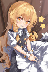  1girl absurdres aged_down apron back_bow black_dress blonde_hair bow braid buttons child couch double-breasted dress from_above hair_between_eyes hair_bow hair_intakes hands_on_own_thighs highres kirisame_marisa lab2linch light_blush long_hair looking_at_viewer on_couch puffy_short_sleeves puffy_sleeves short_sleeves sidelocks single_braid sitting smile star_(symbol) tareme teeth touhou v-shaped_eyebrows very_long_hair waist_apron white_apron white_bow wrist_cuffs yellow_eyes 