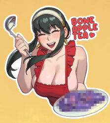  1girl absurdres apron bad_food bare_shoulders black_hair blush breasts censored censored_food cleavage closed_eyes earrings english_text female_focus hairband highres holding jewelry large_breasts lipstick long_hair makeup mosaic_censoring naked_apron open_mouth riz sidelocks simple_background smile solo spy_x_family text_focus translation_request yor_briar 