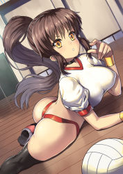 1girl ass ball black_choker black_thighhighs breasts brown_hair chestnut_mouth choker covered_erect_nipples curvy dutch_angle female_focus genderswap genderswap_(mtf) gym_uniform high_ponytail highleg impossible_clothes impossible_shirt indoors kyonko large_breasts legs long_hair lying nagase_haruhito on_floor on_stomach ponytail revealing_clothes shirt shoes sidelocks sneakers solo suzumiya_haruhi_no_yuuutsu thighhighs thong volleyball_(object) white_shirt wristband yellow_eyes rating:Sensitive score:203 user:danbooru