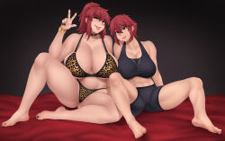  2girls abs aizawa_akemi aizawa_tomo animal_print bare_shoulders barefoot black_choker black_nail_polish black_shorts black_sports_bra bra bracelet breasts cameltoe choker cleavage fang feet female_focus full_body hair_between_eyes highres huge_breasts jewelry leopard_print looking_at_viewer midriff mother_and_daughter multiple_girls nail_polish navel open_mouth panties ponytail red_eyes red_hair ring short_hair shorts sockinajar sports_bra toenail_polish toenails tomo-chan_wa_onna_no_ko tongue tongue_out underwear  rating:Questionable score:13 user:Super-32X