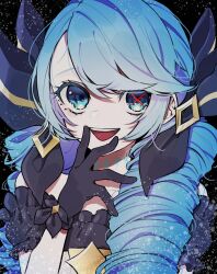 1girl :d black_background black_bow black_dress black_gloves black_sleeves blue_eyes blue_hair bow detached_sleeves dress drill_hair frilled_dress frills gloves gwen_(league_of_legends) hair_bow haji_ta_hiyoko hand_up highres league_of_legends long_hair open_mouth simple_background smile solo swept_bangs symbol_in_eye teeth twin_drills twintails upper_teeth_only rating:General score:1 user:danbooru