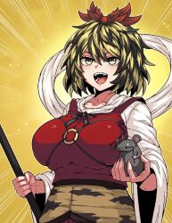 1girl :d animal blonde_hair breasts collarbone commentary_request dowsing_rod dual_wielding eyebrows_hidden_by_hair fangs formicid hagoromo hair_ribbon holding holding_animal large_breasts light_blush mouse_(animal) multicolored_hair nazrin nazrin_(mouse) open_mouth outer_glow outline red_ribbon red_shirt ribbon shawl shirt short_hair simple_background skindentation smile solo streaked_hair teeth tongue toramaru_shou touhou v-shaped_eyebrows white_outline yellow_background yellow_eyes