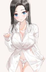 1girl black_hair blouse blue_eyes blush breasts cleavage collared_shirt cowboy_shot dress_shirt forehead highres kfr large_breasts long_hair long_sleeves looking_at_viewer no_pants open_clothes open_shirt original panties parted_bangs partially_unbuttoned shirt simple_background sleeves_past_wrists smile solo thighs underwear white_panties white_shirt wing_collar rating:Sensitive score:30 user:danbooru