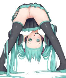  1girl :o anus bent_over black_footwear blush boots cleft_of_venus detached_sleeves female_focus from_behind full_body green_eyes green_hair hair_ornament hands_on_headphones hatsune_miku headphones headset highres kuroshiro00 long_hair looking_at_viewer looking_back looking_through_own_legs miniskirt no_panties open_mouth pleated_skirt pussy simple_background skirt solo standing thigh_boots thighhighs twintails uncensored upside-down vocaloid white_background  rating:Explicit score:672 user:sytalidis