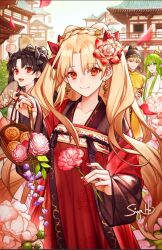  1boy 1other 2girls \||/ alternate_costume alternate_hairstyle androgynous architecture artist_name basket black_hair black_headwear blonde_hair blush bow braid breasts cake chinese_clothes chinese_commentary closed_mouth collarbone commentary_request earrings east_asian_architecture enkidu_(fate) ereshkigal_(fate) falling_petals fate/grand_order fate_(series) fingernails floral_print flower flower_basket food gem gilgamesh_(fate) gold_earrings gold_trim green_eyes green_hair hair_bow hair_flower hair_ornament hair_ribbon hand_fan hanfu highres holding holding_basket holding_fan holding_flower ishtar_(fate) jewelry long_hair long_sleeves looking_at_viewer medium_breasts mid-autumn_festival mooncake multiple_girls nail_polish open_mouth orange_eyes parted_bangs petals pink_flower purple_flower qixiong_ruqun red_bow red_eyes red_flower red_gemstone red_nails ribbon ruqun shawl short_hair siblings sidelocks signature sisters siya_ho sky smile teeth tuanshan two_side_up upper_body upper_teeth_only very_long_hair white_flower wide_sleeves 