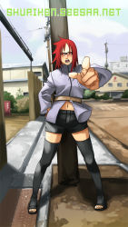 1girl black_thighhighs blush female_focus full_body glasses karin_(naruto) looking_at_viewer naruto_(series) naruto_shippuuden navel open_mouth outdoors pointing red_eyes red_hair shuriken_(artist) solo standing thighhighs toes